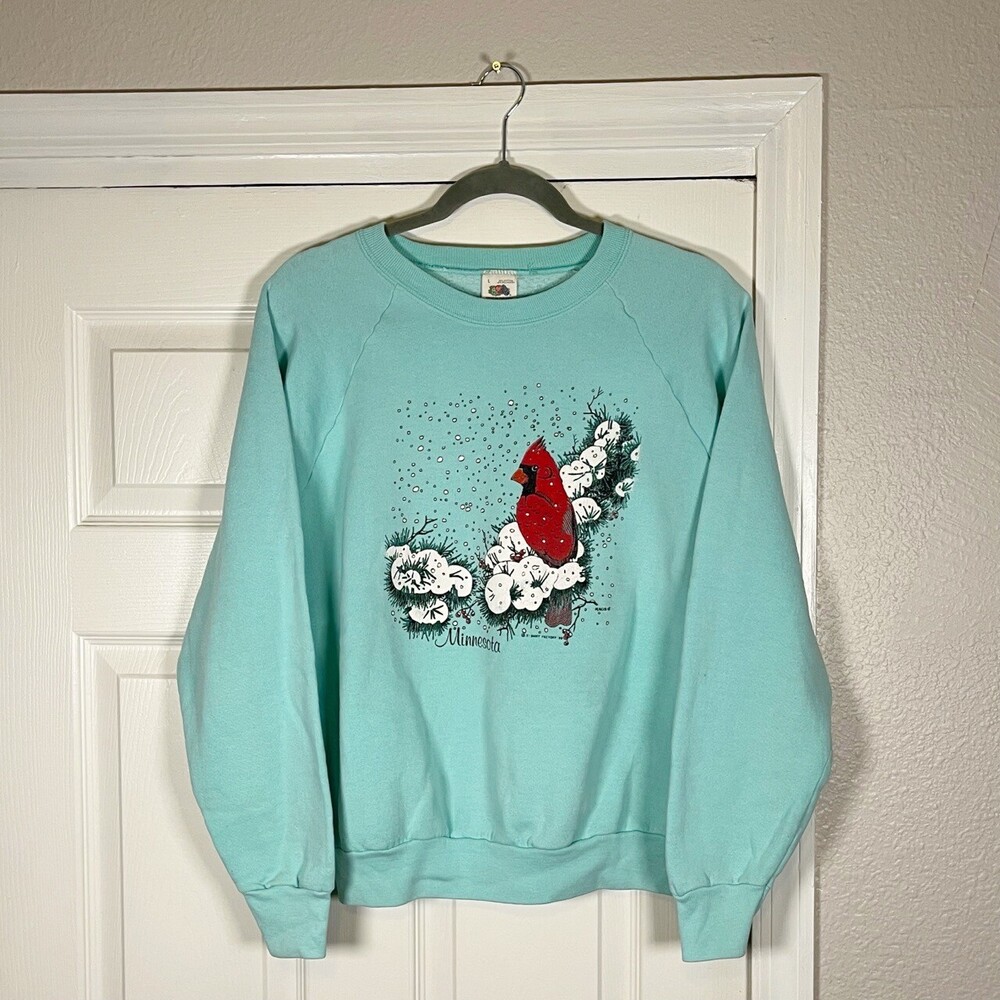 Vintage Bird Raglan Crewneck Sweatshirt Nature Cardinal Large Womens